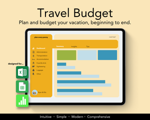 Image of a travel budget planner dashboard showing an overview of various budget categories like administration, transportation, accommodation, food & drink, sightseeing, and more. The layout includes a navigation menu on the sidebar and highlights user-friendly features.