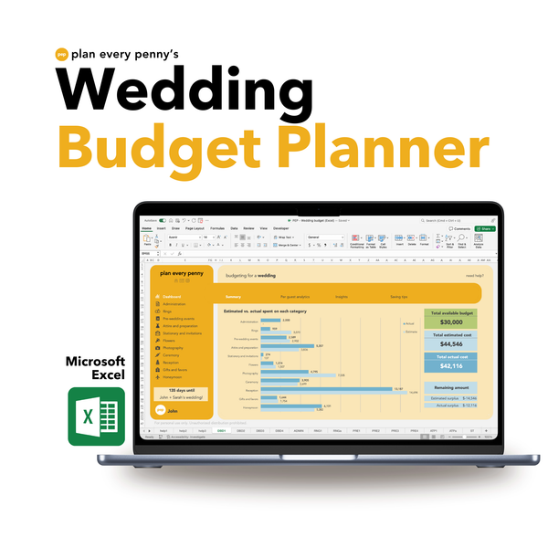 Wedding Budget Planner. Budget your wedding from beginning to end (literally). From the proposal to the honeymoon and everything in between. Budget per guest, per invitation, per event. Everything you need in one simple, easy to use budget. For Microsoft Excel.