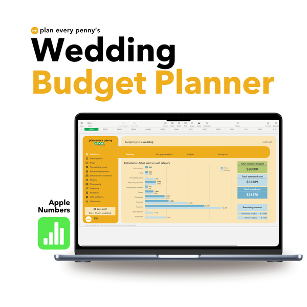 Wedding Budget Planner. Budget your wedding from beginning to end (literally). From the proposal to the honeymoon and everything in between. Budget per guest, per invitation, per event. Everything you need in one simple, easy to use budget. For Apple Numbers.
