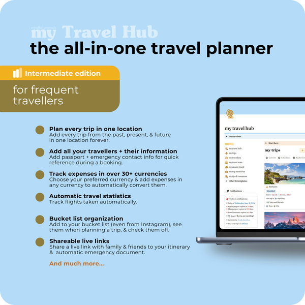 Comprehensive travel planner for travellers (one-time purchase Notion template). Plan future trips and add previous adventures. Create and share live itineraries, collaborate with others, track expenses, monitor travel stats, create a bucket list, and so much more. Designed by digital nomads for modern travellers.