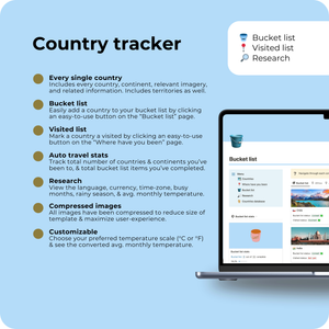 Includes every country with flag and image. See quick analytics on your travel stats. Add countries to your bucket list and visited list. Mark them as visited or checked off easily. Includes basic information for each country such as language, currency, plug type, high season, low season, rainy season, avg. monthly temperature. Select your preferred temperature scale to customize.