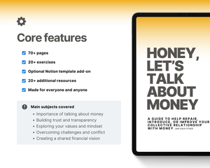 A couple's guide to discussing money: A tablet showing a phone screenshot, book excerpt, and text on white background. Instant download with 60+ pages, exercises, and trust-building techniques.