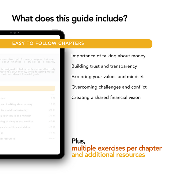 A couple's guide to discussing money: A tablet showing a phone screenshot, book excerpt, and text on white background. Instant download with 60+ pages, exercises, and trust-building techniques.