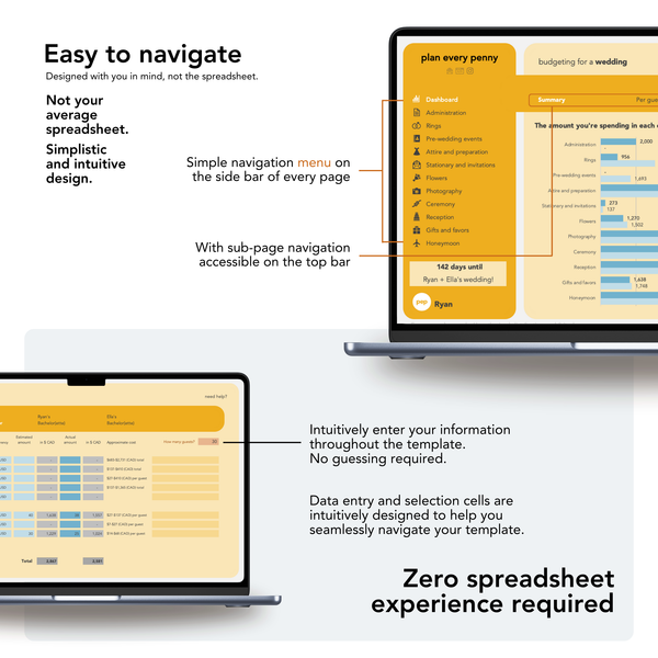 Our spreadsheets are incredibly easy to use and navigate. Zero spreadsheet experience required. Simple navigating menus and clear formatting to guide you through which cells are to be formatted and changed, and which ones are not.