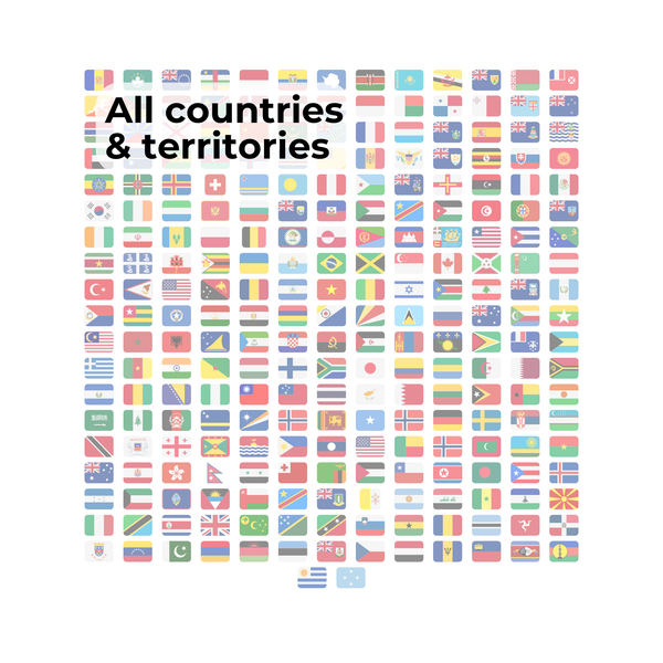 Includes every country and territory in the world with the related flag and image. Images are already compressed for efficiency. 