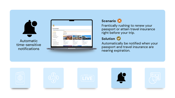 Automatically be notified when your passport and travel insurance are nearing expiration.