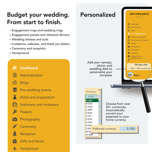 Budget from start to finish. From your proposal to your honeymoon, and everything in between. Personalize the budget with your name, wedding date, photo, and much more.