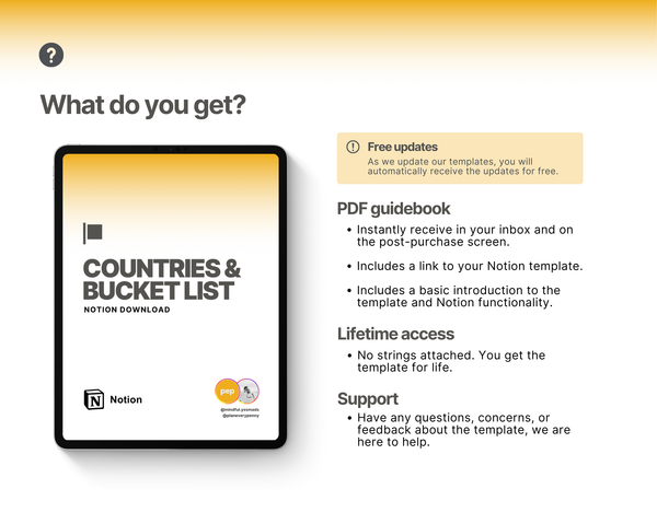 Purchase includes a PDF guidebook delivered to you instantly via email. The guidebook includes some basic introductory remarks for Notion and the download link to your template.