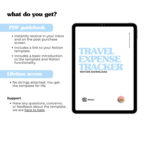 Purchase includes a PDF guidebook delivered to you instantly via email. The guidebook includes some basic introductory remarks for Notion and the download link to your template.