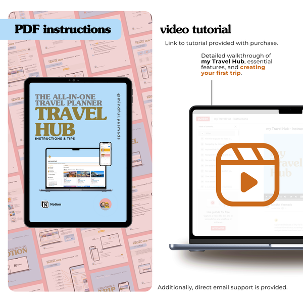 Your purchase comes with a PDF guidebook of comprehensive instructions for each element of your travel planning templates. Additionally, the purchase comes with a link to a video tutorial of all the features as well.