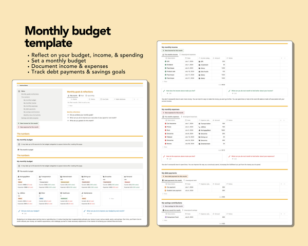 Each monthly budget comes complete with a set of reflections based on your earning and spending patterns. Quickly add monthly income and expenses, plus savings allocations, and debt payments. 