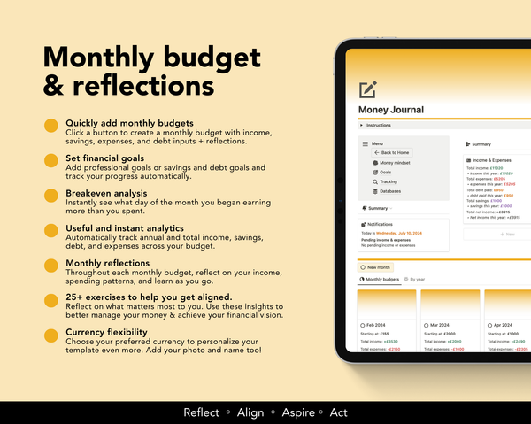 Quickly add monthly budgets and track your income, expenses, savings, and debt. Set financial goals and track progress automatically. Get a breakeven date each month for when you earn more than you spend. Instant analytics on total spending and earning. Complete exercises to reflect on your finances. Over 25 exercises plus monthly ones. Choose from 12+ currencies to personalize your budget.