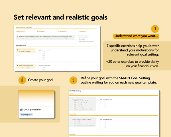 The money journal and monthly budget lets you set relevant and realistic goals. Through strategic exercises, you will identify your money motivations and learn how to create meaningful and aligned goals.