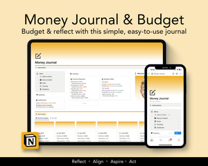 The money journal and monthly budget is a Notion template that let's you create monthly budgets and reflect on your finances to continue learning about your financial motivations.