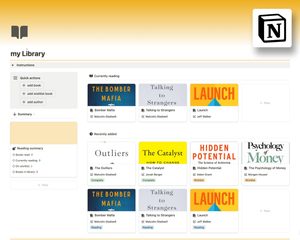 We use this template for tracking our reading list and virtual library. We can show the books we've read, want to read, are currently reading. We can also track the books by author, genre, publication, etc.