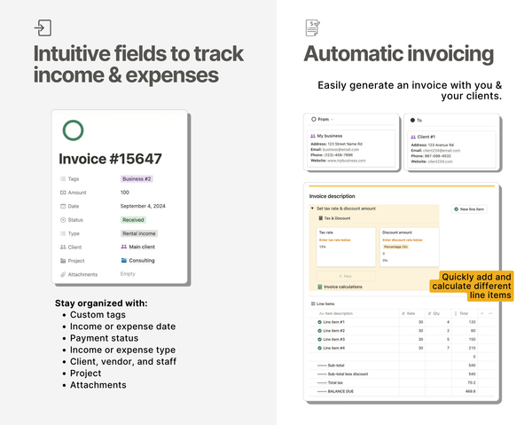 P&L tracker lets you create invoices for clients automatically. You can store client contact information and add it to the recipient fields in your invoice in seconds. 