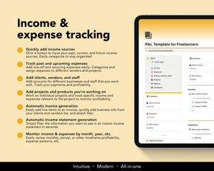 Quickly add income and their sources to track past, current, and future income. Track past and upcoming expenses per client, and per project. Add projects, clients, vendors, and staff to track profitability based on income and expenses. Automatically generate invoices for the work you're completing. Create your own income statement and filter the information you want to see. Monitor your data with instant and useful analytics on a monthly, annual basis.