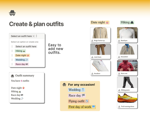 Create and plan outfits on the go. Easily tag pieces of clothing for a certain outfit. Add an outfit ahead of time for a wedding, date night, race day, vacation, etc.