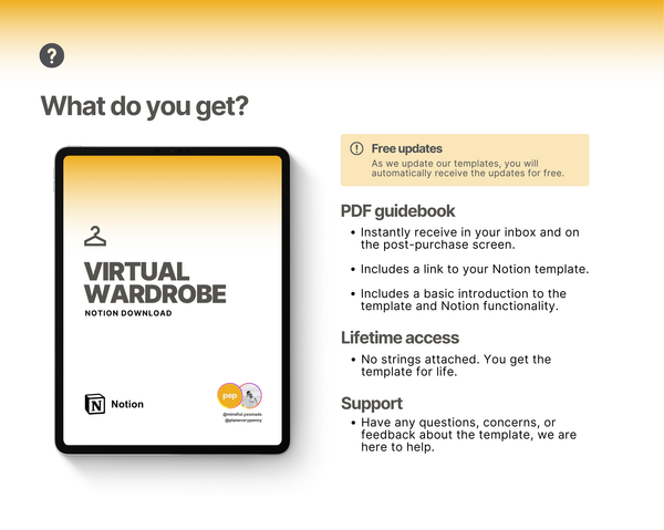 You get the download link immediately, a PDF with Notion instructions, lifetime access, and free updates.